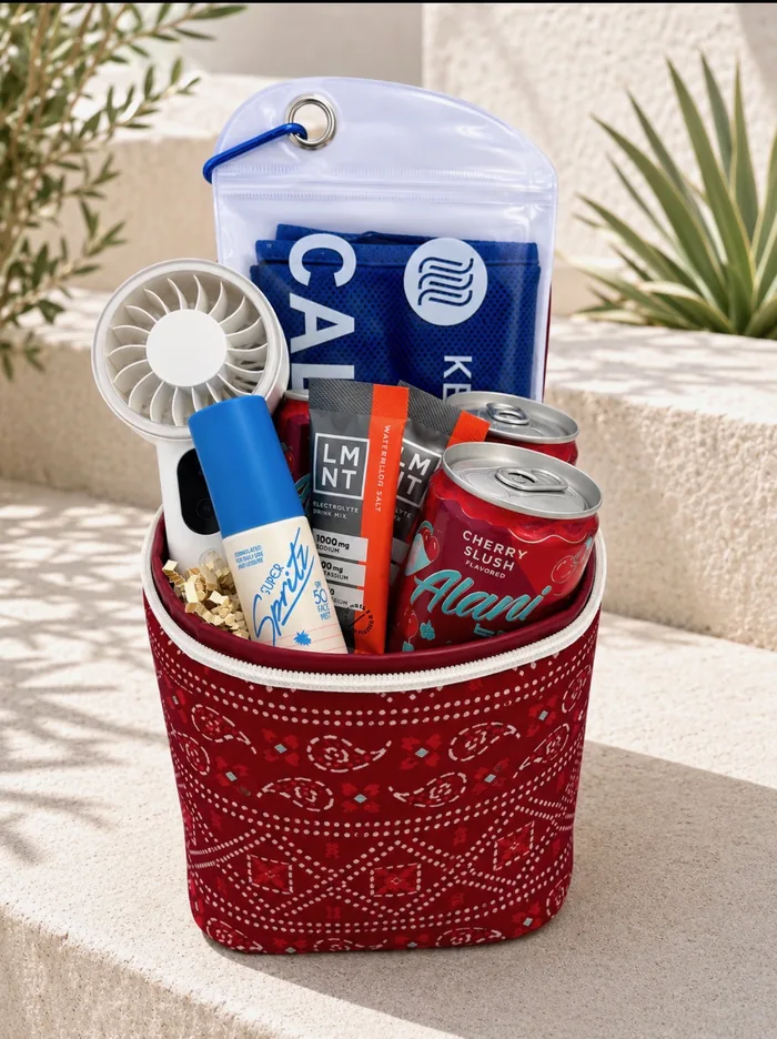 Sold — a Beat the Heat summer kit in a red bandana-wrapped pot with a handheld fan, electrolyte drink mix, and canned drinks on a sunlit ledge.