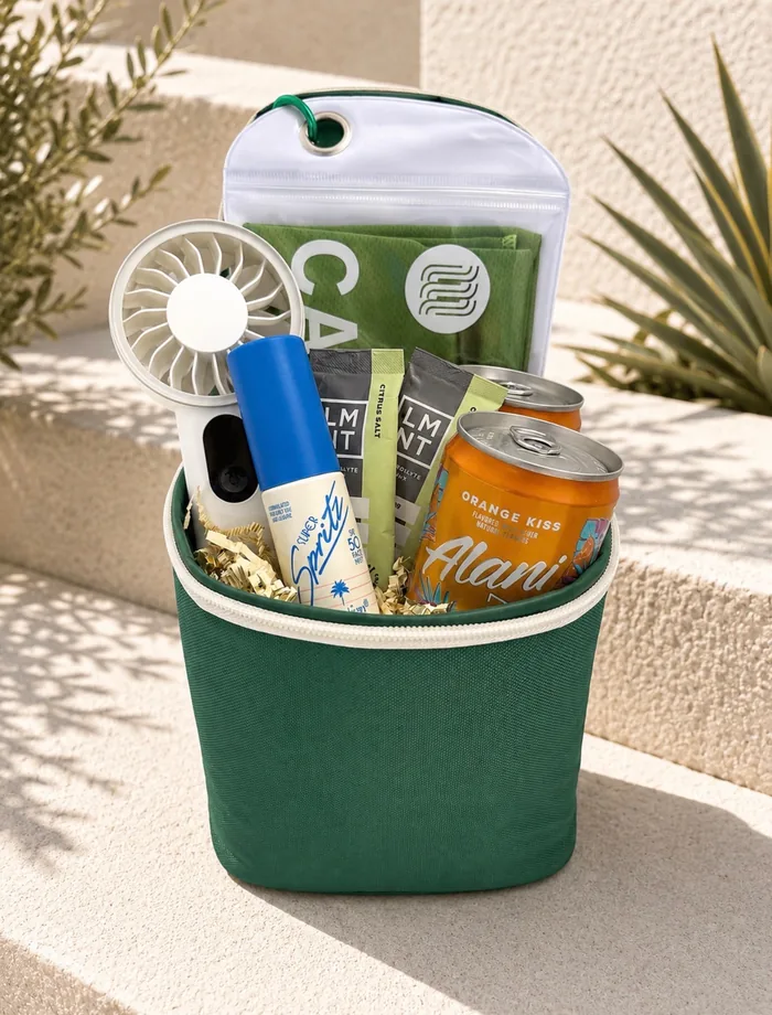 Sold — a Beat the Heat summer kit in a green pot with a handheld fan, electrolyte drink mix, and canned drinks on a sunlit ledge.