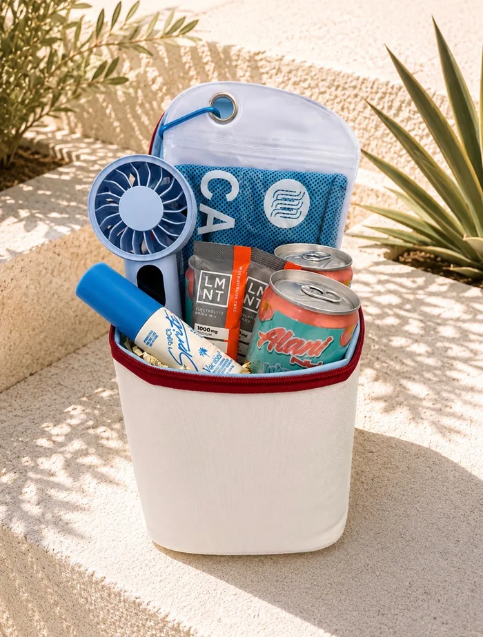 Sold — a Beat the Heat summer kit in a white pot with a cooling towel, handheld fan, LMNT electrolyte mix, sunscreen, and an Alani energy drink on a sunlit ledge.