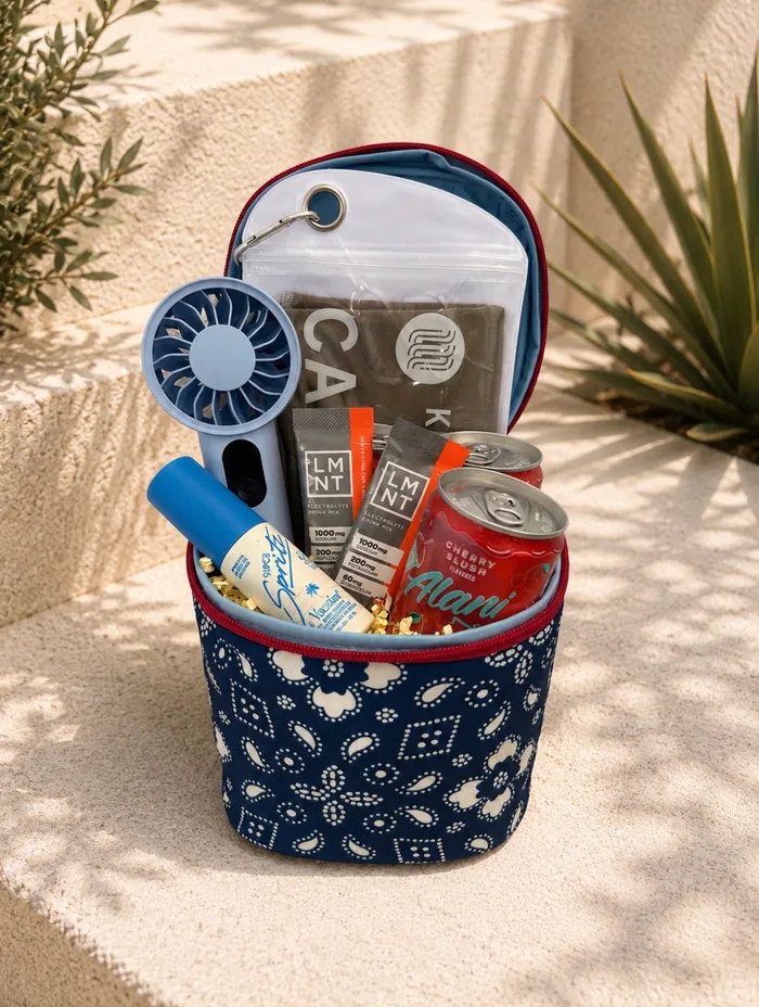 Sold — a Beat the Heat summer kit in a navy bandana-print pot with a cooling towel, handheld fan, LMNT electrolyte mix, sunscreen, and a cherry Alani energy drink on a sunlit ledge.